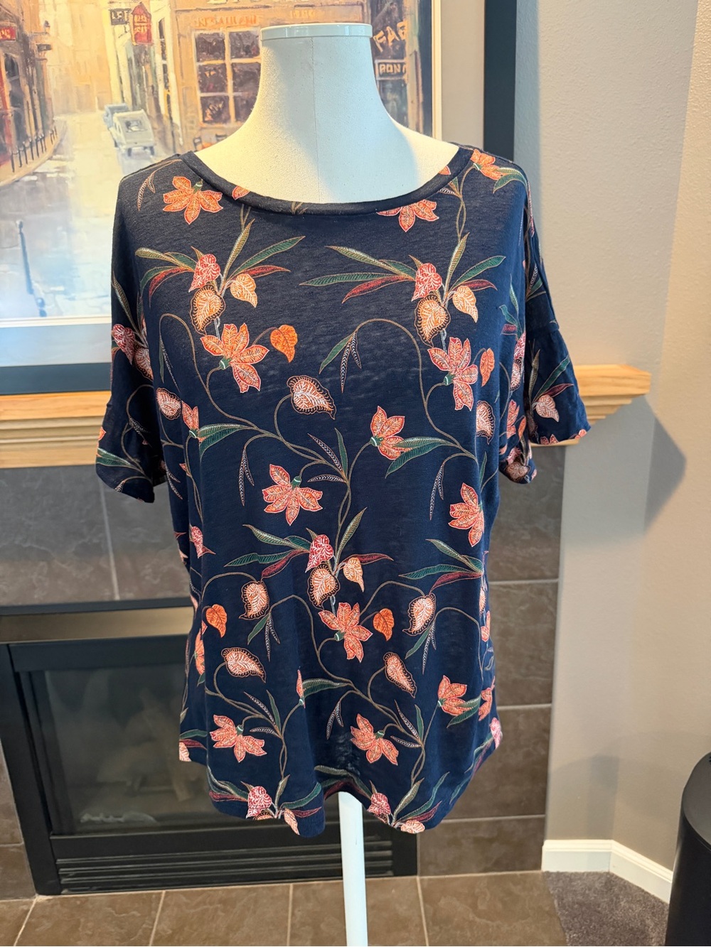 Floral Loft Linen Navy Short Sleeve Top